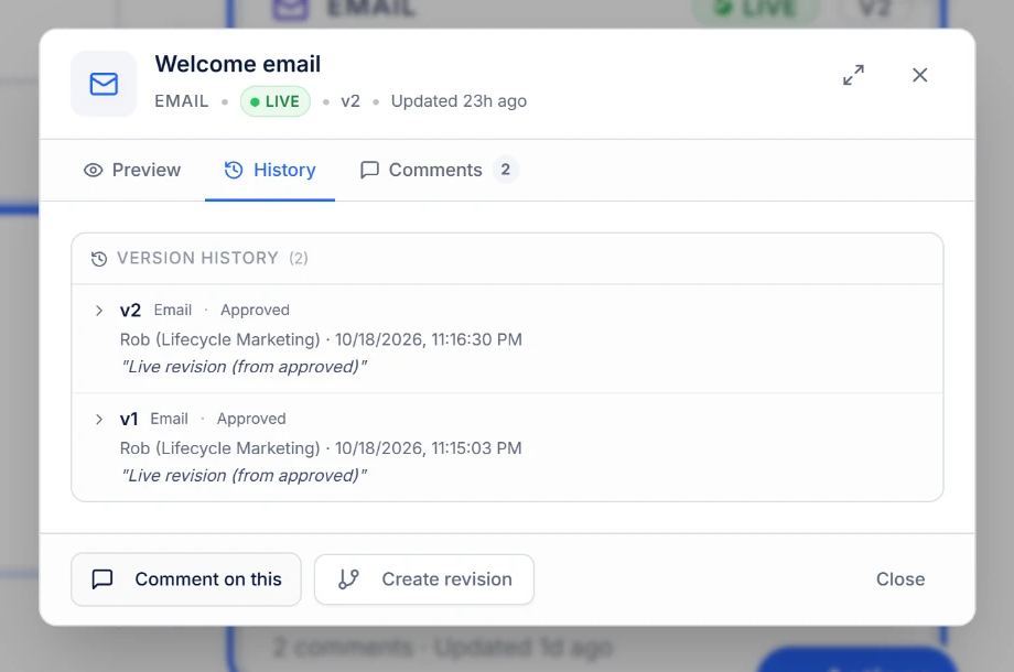Aligne version history panel on a live welcome email listing approved revisions with version number, status, author, timestamp, and revision notes.