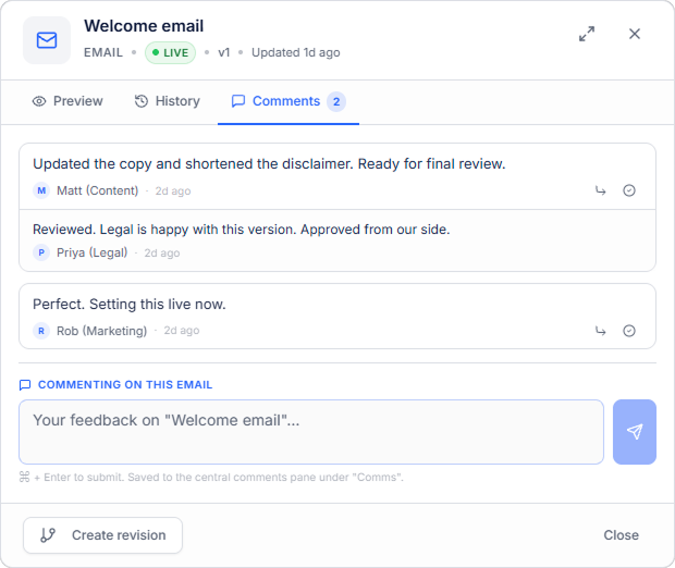Aligne comments panel on a welcome email showing threaded reviewer feedback from Content, Legal, and Marketing, with an inline reply composer.