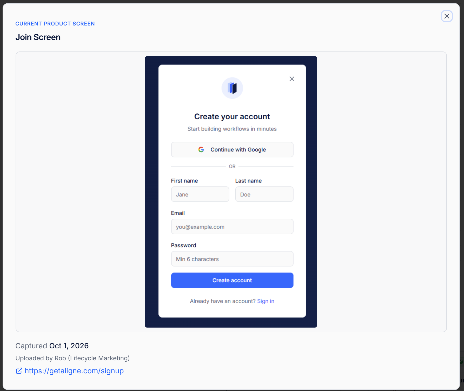 Close view of a Product Screen in Aligne — the real interface customers see, attached to a journey step.