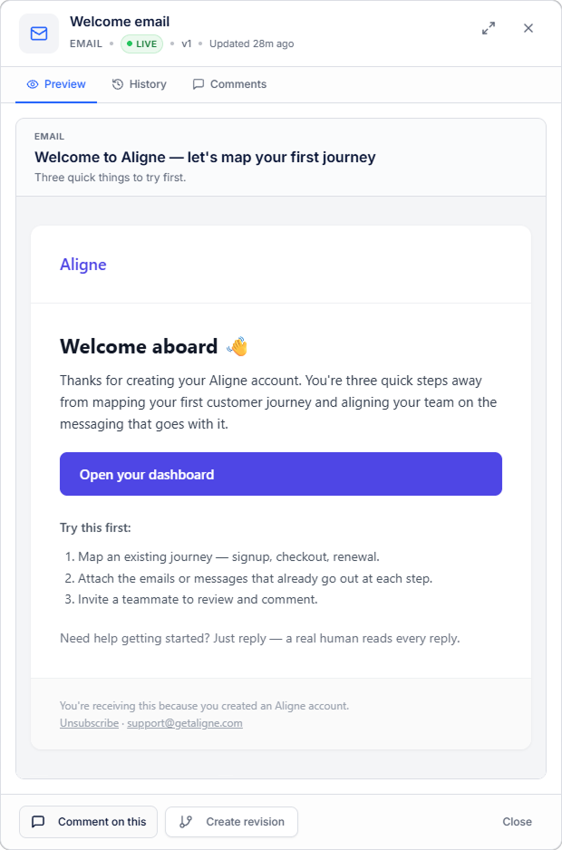 Aligne email preview showing the rendered welcome email a customer receives at this step.