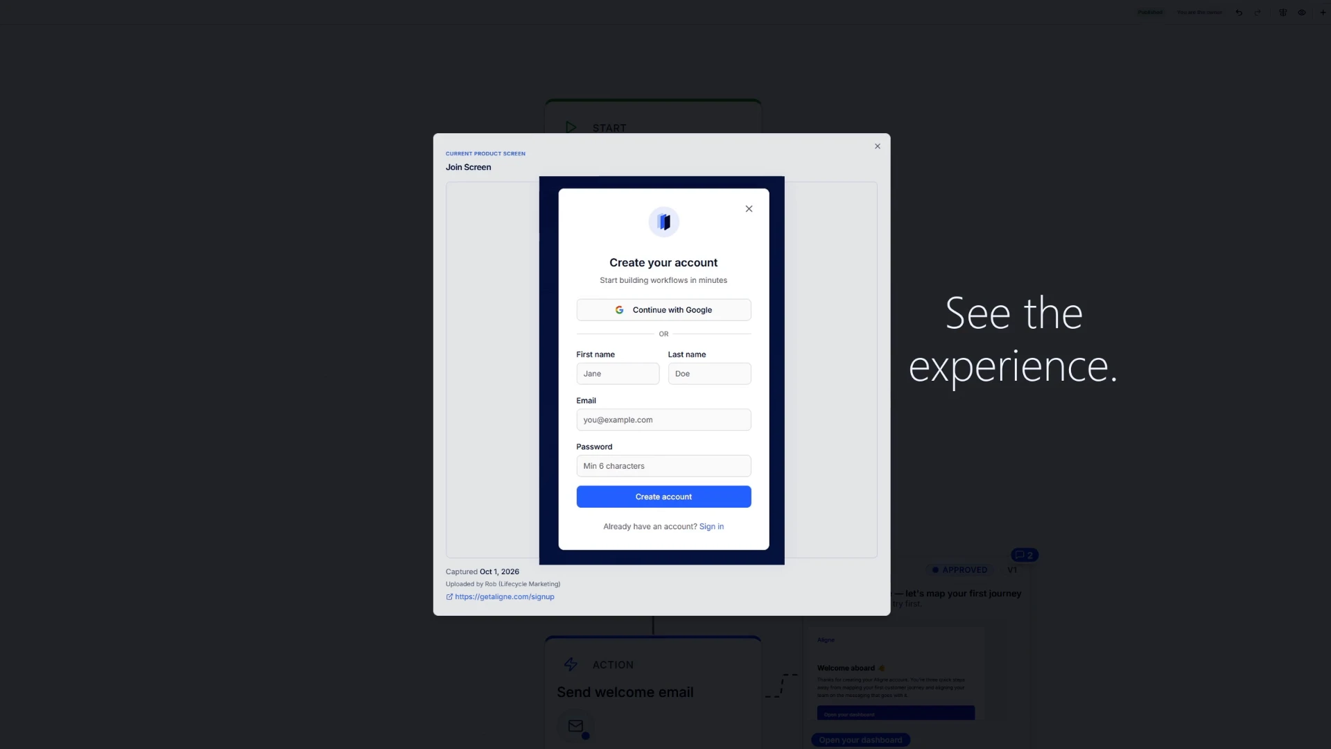 Close view of a Product Screen in Aligne — the real interface customers see, attached to a journey step.