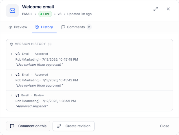 Aligne version history panel on a live welcome email listing approved revisions with version number, status, author, timestamp, and revision notes.