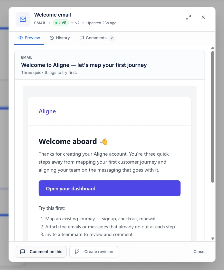 Aligne email preview showing the rendered welcome email a customer receives at this step.