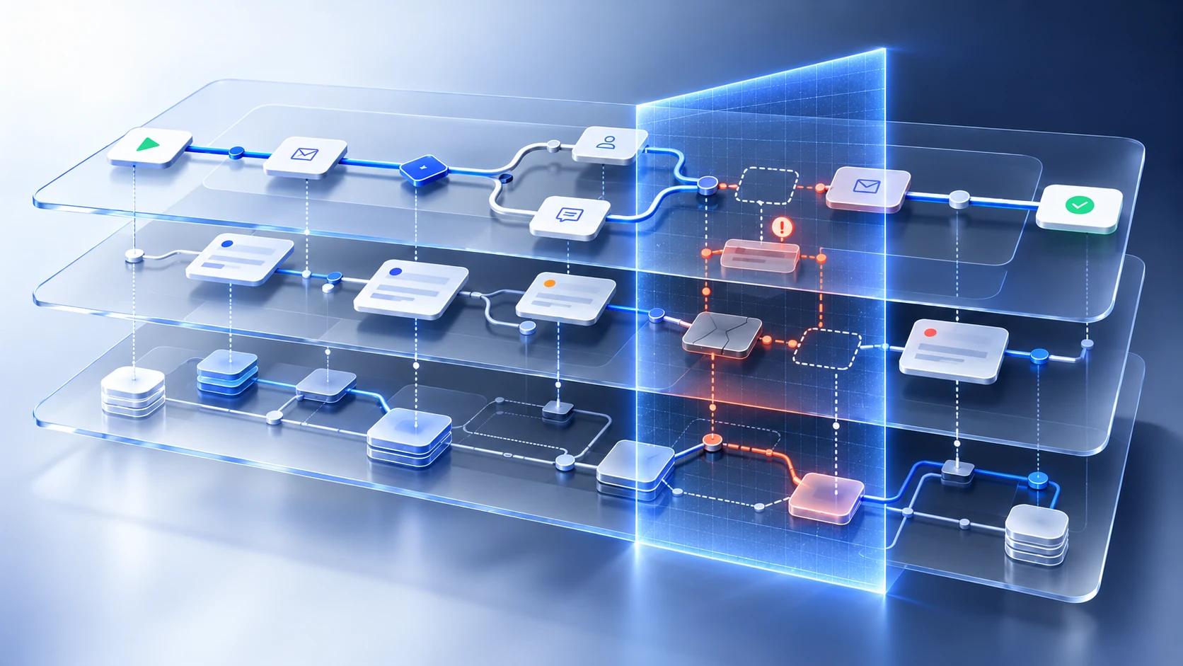 Layered customer journey map with a verification plane revealing a broken handoff